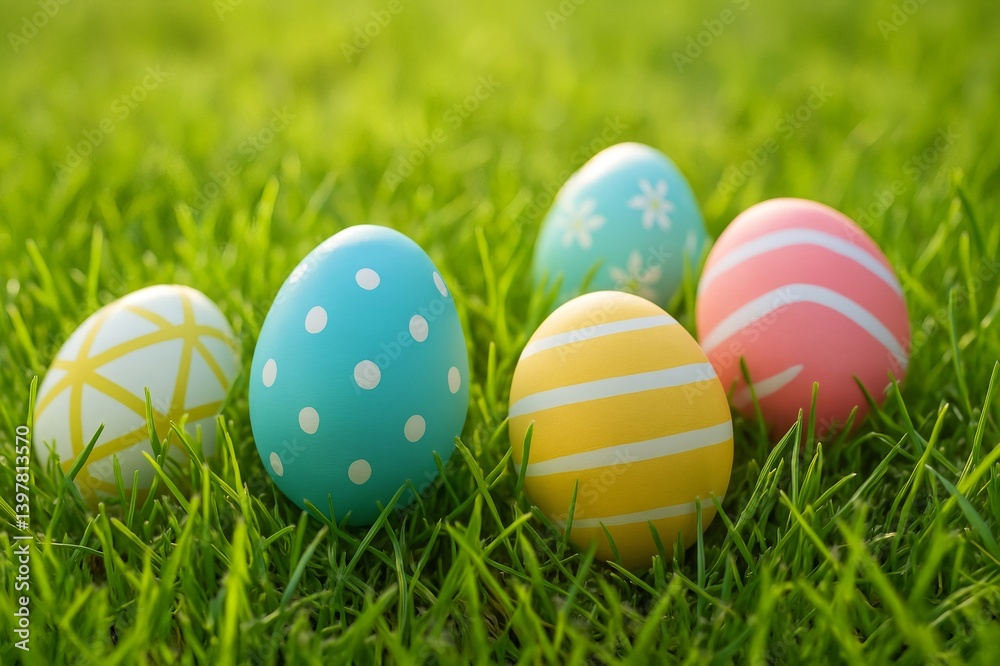 Pastel eggs nestled amid lush green springtime grass Pastel eggs nestled amid lush green springtime grass