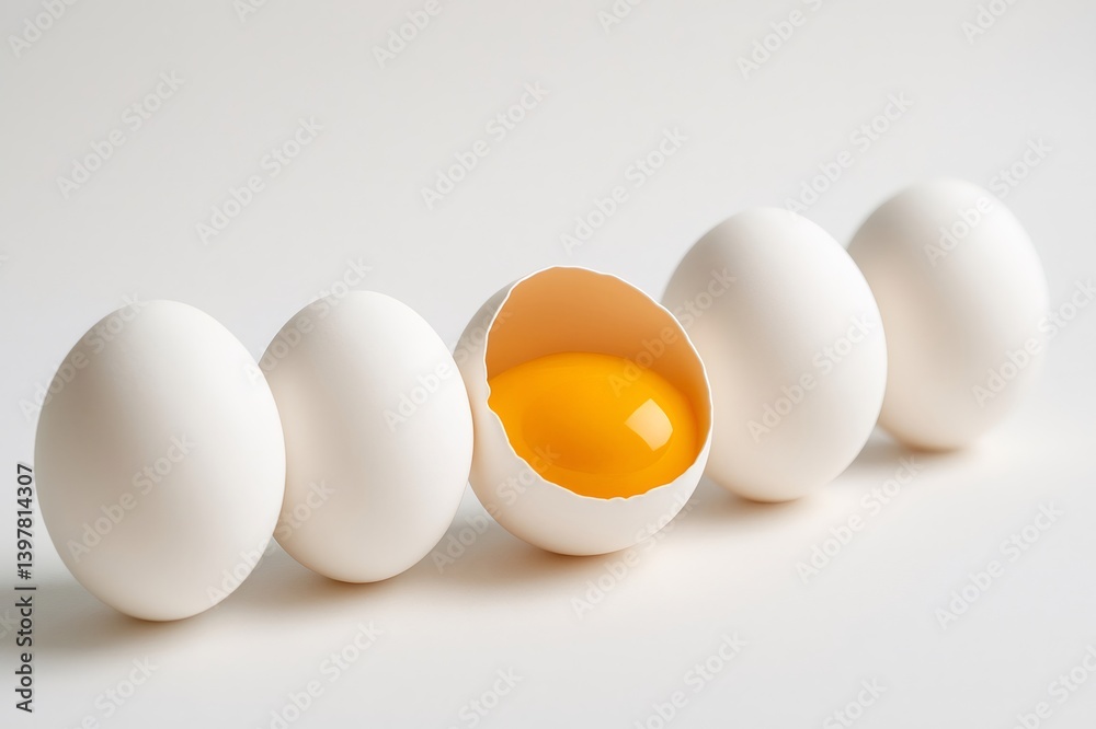 Cracked chicken egg displaying golden yolk against white background, surrounding whole eggs creating visual contrast Cracked chicken egg displaying golden yolk against white background, surrounding whole eggs creating visual contrast