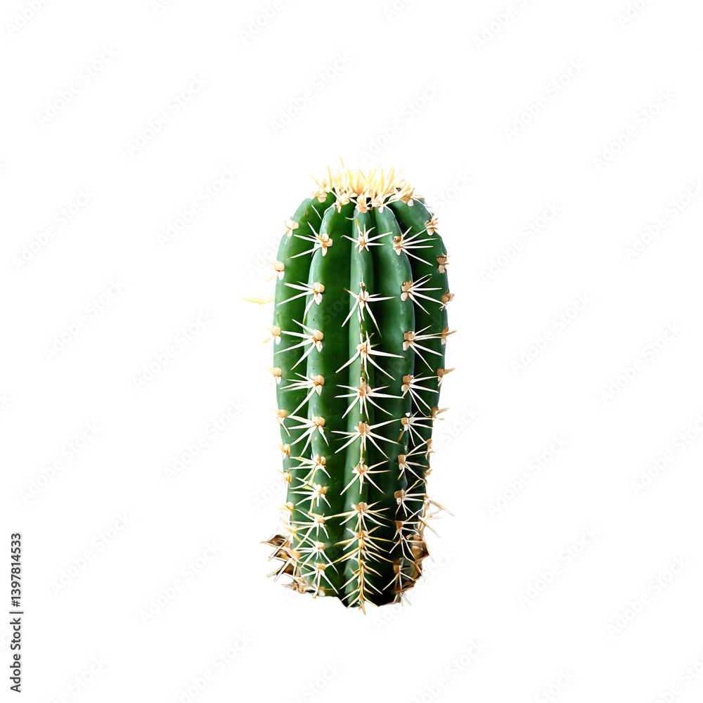 Naklejka premium a tall, green columnar cactus with numerous sharp spines isolated on a white background.