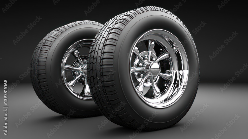 Obraz premium Two shiny black tires with chrome wheels against a dark backdrop