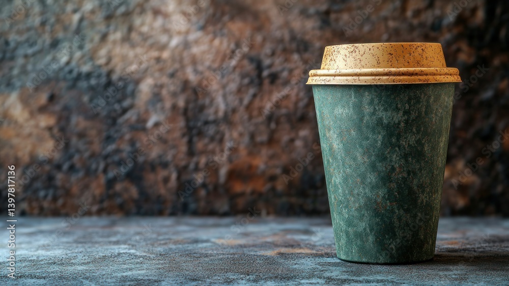 A green disposable coffee cup with a gold lid stands against a rustic backdrop. A green disposable coffee cup with a gold lid stands against a rustic backdrop.