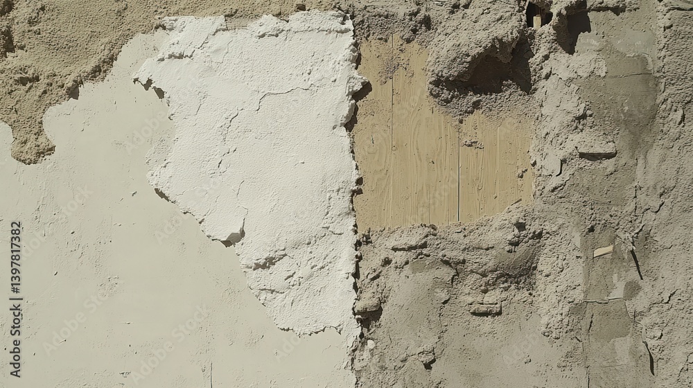 Fototapeta premium A damaged wall displays various materials and exposed wooden panels