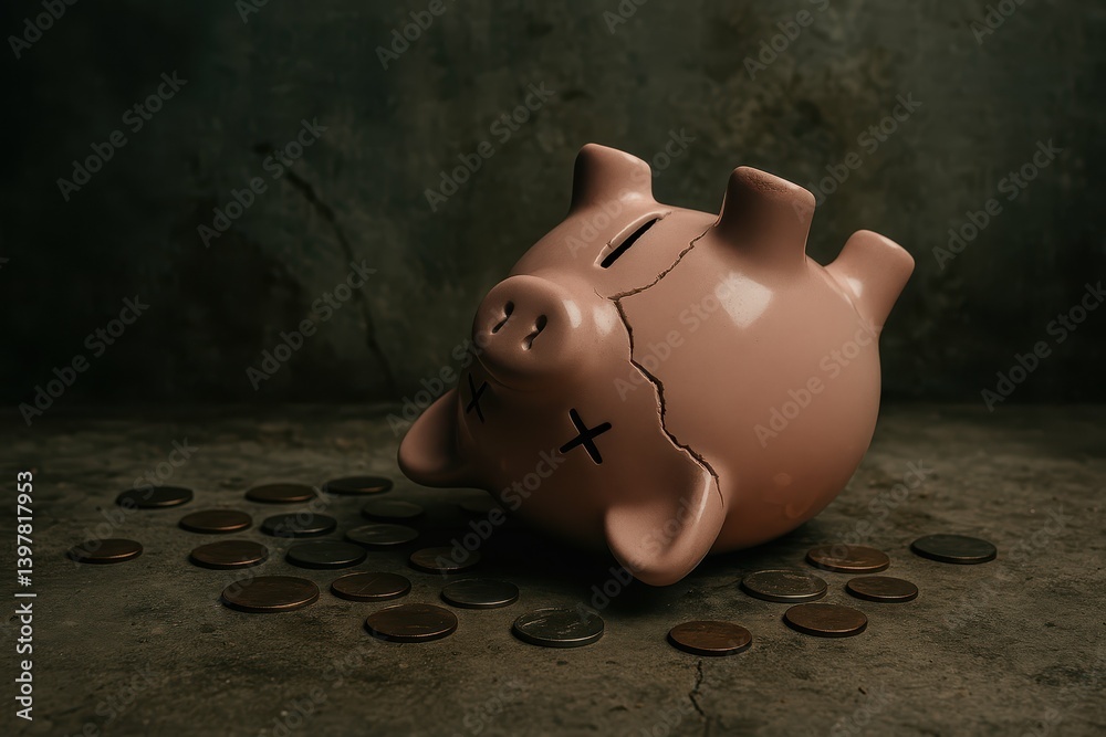 Shattered Piggy Bank with Coins on Dark Surface in Dramatic Light