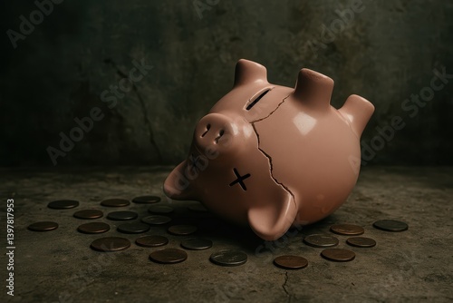 Obraz na płótnie Shattered Piggy Bank with Coins on Dark Surface in Dramatic Light w salonie