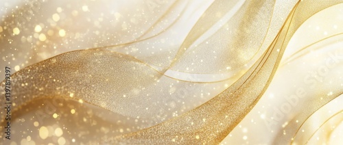 A dainty golden leaf delicately settles on gentle, undulating waves of cream and peach textile, shining with a faint glint, crafting a dreamy and tranquil environment