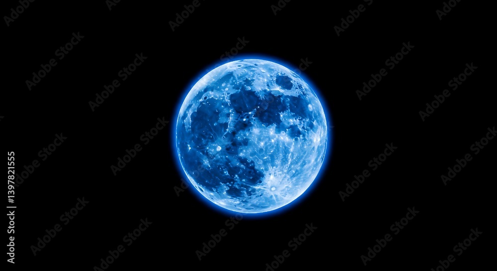 Blue Super Moon with Glowing Halo – Isolated on Black Night Sky Background Blue Super Moon with Glowing Halo – Isolated on Black Night Sky Background