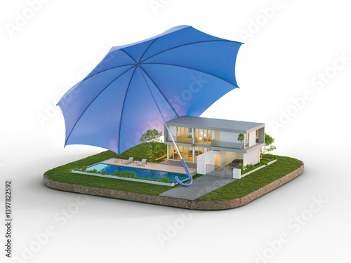 Luxury house with swimming pool isolated on empty background in real estate sale or property investment concept. Buying new home for big family. 3d illustration of residential building exterior.