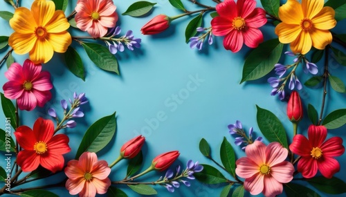 Colorful flower and eucalyptus leaves, flat lay pattern , photography, floral pattern, decoration