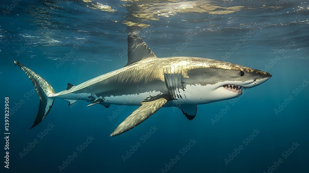 Fototapeta premium A deadly great white shark gliding just beneath the ocean surface, rows of sharp teeth visible, high-definition underwater clarity, sunlight penetrating water