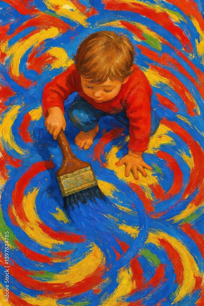 Naklejka premium ilustracion de un niño pintando en el suelo 
