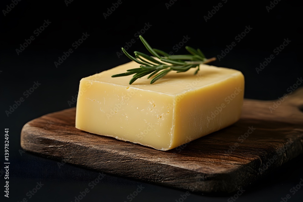 Cheese cube with rosemary sprig on wooden board against dark background. Cheese cube with rosemary sprig on wooden board against dark background.