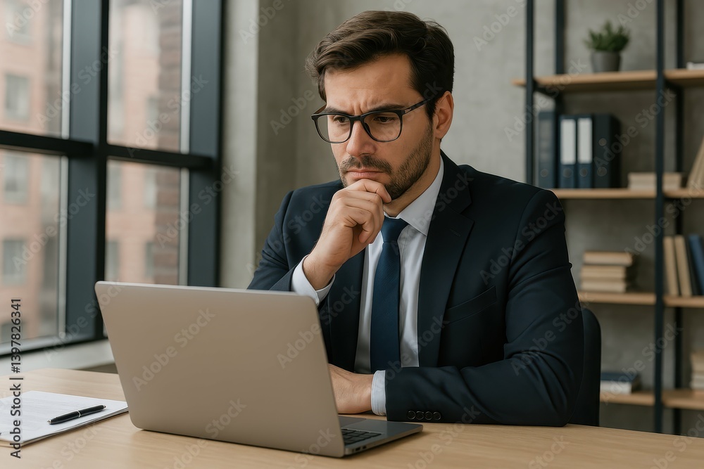 Focused Businessman Analyzing Data on Laptop in Modern Office Focused Businessman Analyzing Data on Laptop in Modern Office