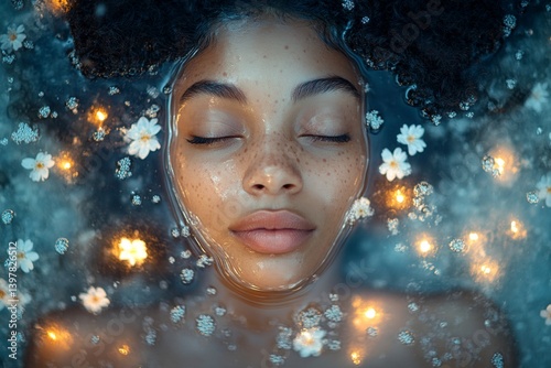 Spring mood, dark night and warm mystic light - complementary lighting. Commercial ad campaign creative. Pretty mixed-race young woman surrounded by cherry blossoms.