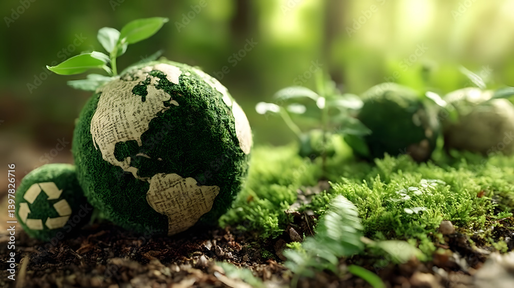 A peaceful Earth Day scene with green earth globes and eco-friendly symbols against a natural backdrop, macro shot, Minimalist style A peaceful Earth Day scene with green earth globes and eco-friendly symbols against a natural backdrop, macro shot, Minimalist style
