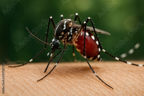 Close-Up of Aedes Mosquito Feeding on Human Skin During Daytime