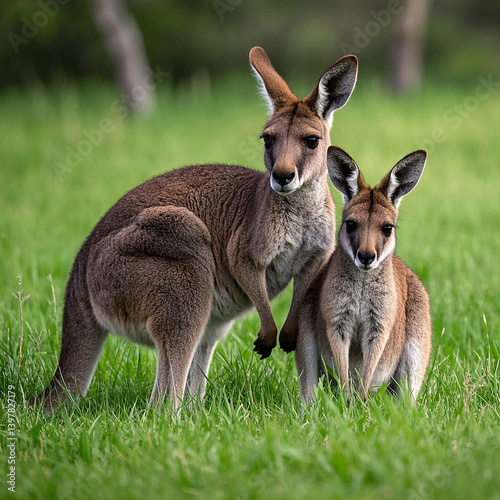 Mother Kangaroo and Baby Moment in the Natural Outdoors, AI Generator.