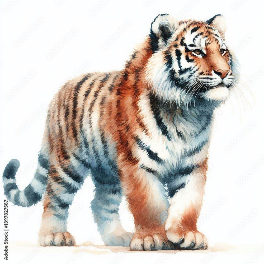 Fototapeta premium Watercolor fullbody illustration of tiger, isolated on white background, hand-painted animal art