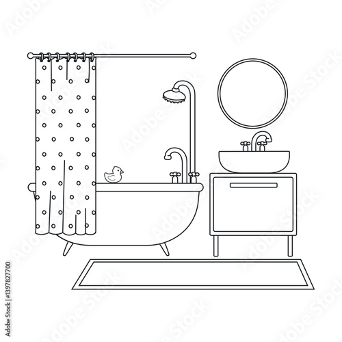 Vector Outline Illustration of Bathroom Isolated on White Background