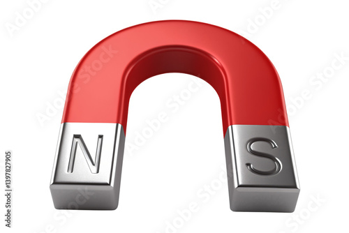 3D rendering of a red horseshoe magnet with North and South poles labeled. Ideal for science, education, physics, and attraction-related visual concepts.