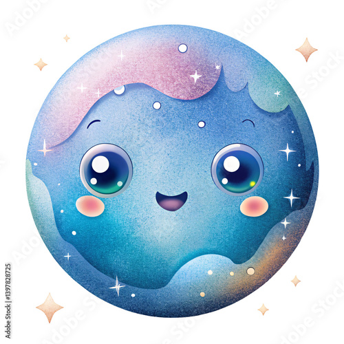 Adorable space planet with big eyes, smiling face, and pastel colors. Sparkling stars surround this cute cosmic character, radiating joy and wonder. photo