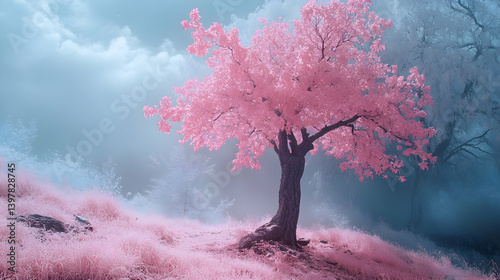 A peaceful tree in a snowy forest, captured in ethereal infrared photography