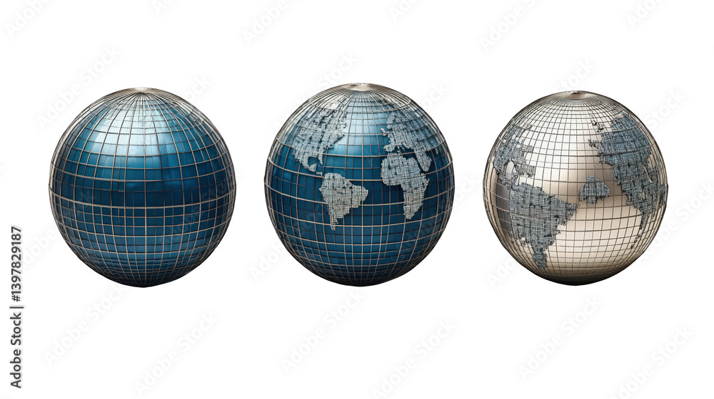 Three metallic globes depicting world maps, showcasing different color schemes and textures Three metallic globes depicting world maps, showcasing different color schemes and textures