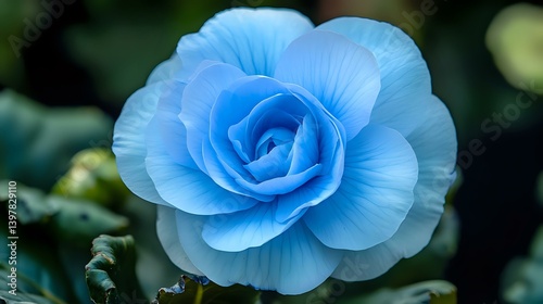 A fully blossomed sky-blue begonia, smooth silky petals forming a flawless floral pattern, ultra-detailed close-up shot, vibrant natural lighting