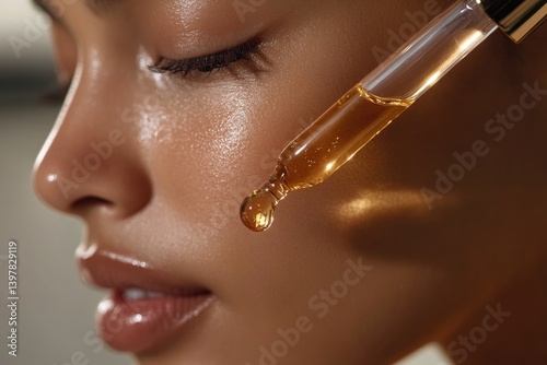 Close-up of glowing skin enhanced by serum dropper, showcasing r