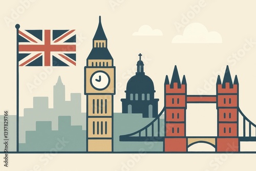 Minimalist UK Scene Featuring Iconic Landmarks and Soft Tones