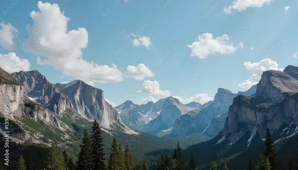 Stunning panoramic view of mountain range under blue sky with fluffy clouds, natural landscape Stunning panoramic view of mountain range under blue sky with fluffy clouds, natural landscape