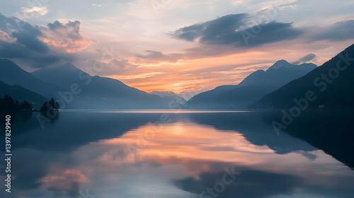 A serene lake at sunset, with the peaceful reflection of the sky on the water