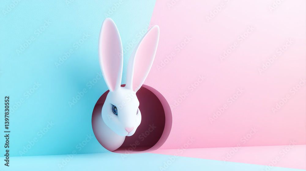 Obraz premium White rabbit ear emerging from colorful abstract background