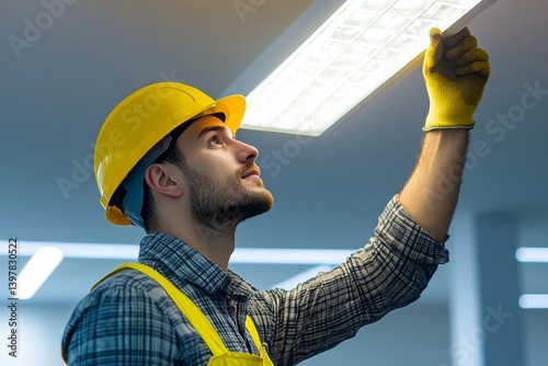Worker in yellow helmet installing led ceiling light fixture in modern office environment