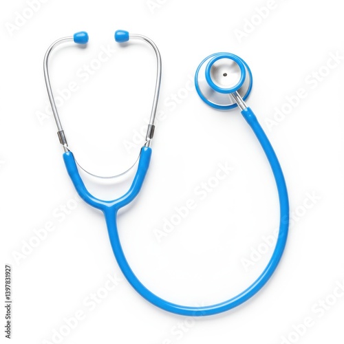 A blue stethoscope lying on a white surface used for listening to internal body sound diagnosis tool