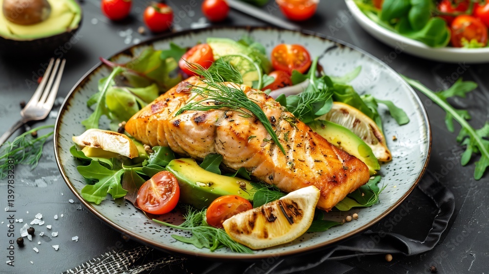 Keto friendly salmon avocado salad with mixed greens cherry tomatoes and a lemon dill dressing plated vibrantly Keto friendly salmon avocado salad with mixed greens cherry tomatoes and a lemon dill dressing plated vibrantly