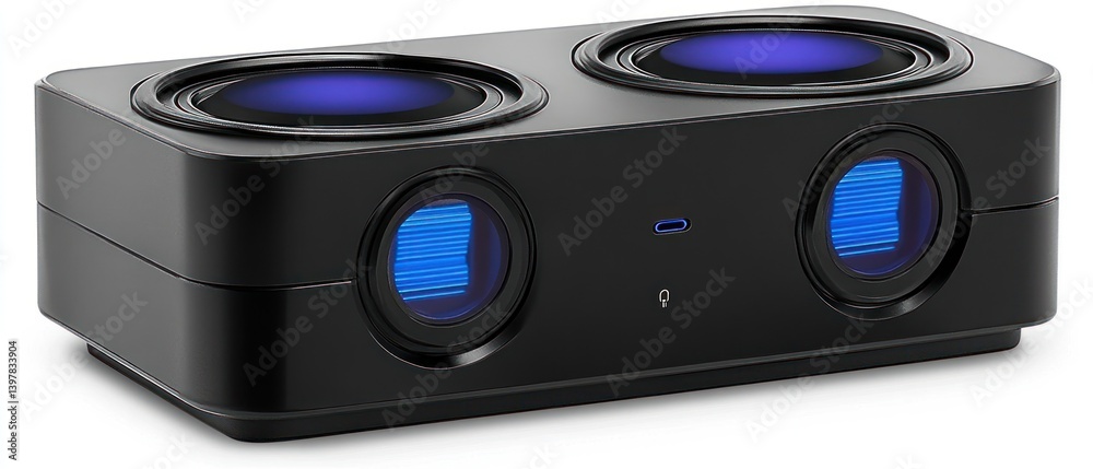 Fototapeta premium A black rectangular electronic device with blue glowing circular lenses