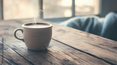 A steaming cup of coffee placed on a rustic wooden table, creating a cozy morning vibe