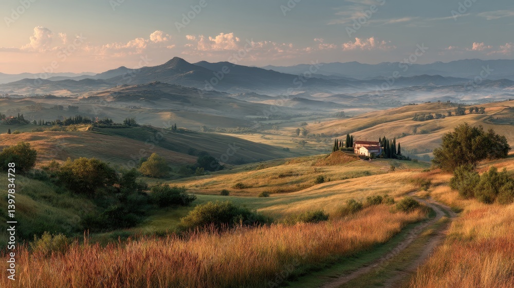 Naklejka premium Golden Hour Farmhouse: Tuscan Escape