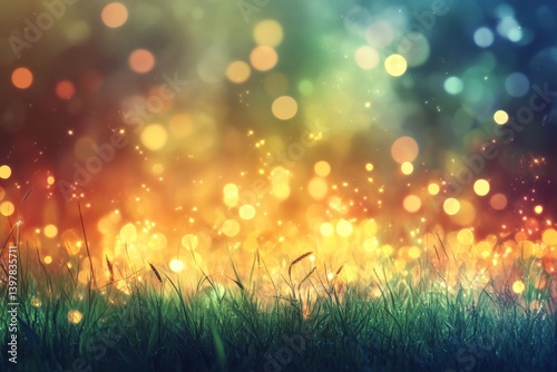 Lush green grass with blurred bokeh lights on a sunny day   perfect for your creative design needs