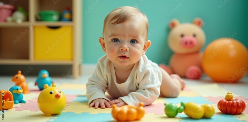 Sweet baby surrounded by colorful toys on the play mat, toys, bright, soft mat Sweet baby surrounded by colorful toys on the play mat, toys, bright, soft mat