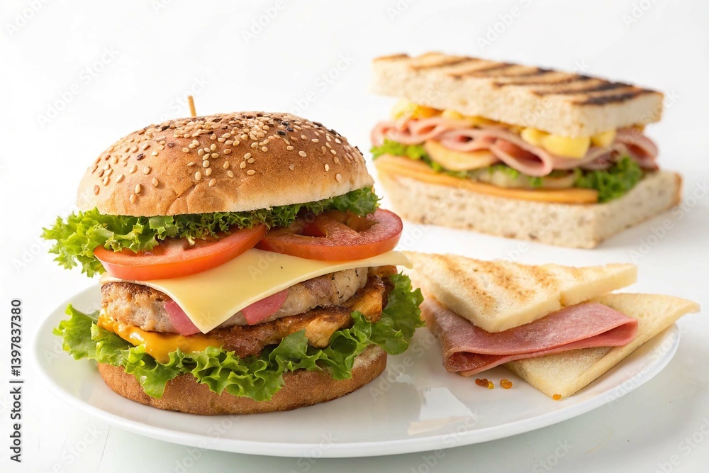 Sandwich with cheese and ham on white backgrounds Homemade burger Sandwich with cheese and ham on white backgrounds Homemade burger