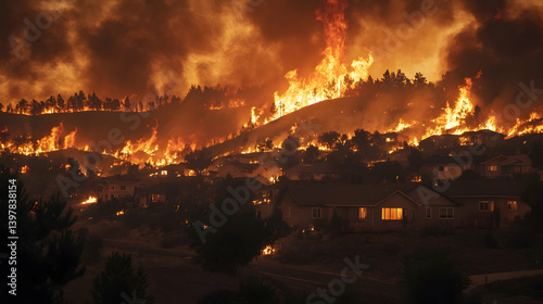 A wildfire burns near a suburban neighborhood, highlighting the urgency and unpredictability of naturea??s forces photo
