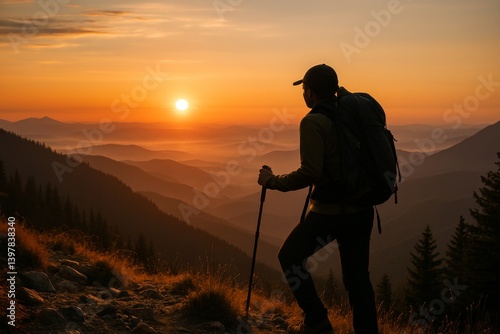 Hiker Enjoying Sunset Views on a Mountain Trail in the Early Evening