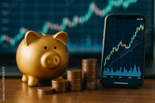 Golden Piggy Bank and Smartphone With Growing Stock Chart on Wooden Table at ...