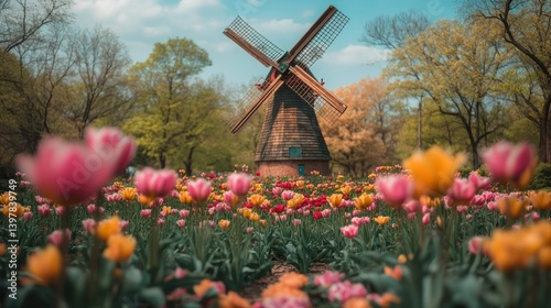 Windmill in a Spring Tulip Garden