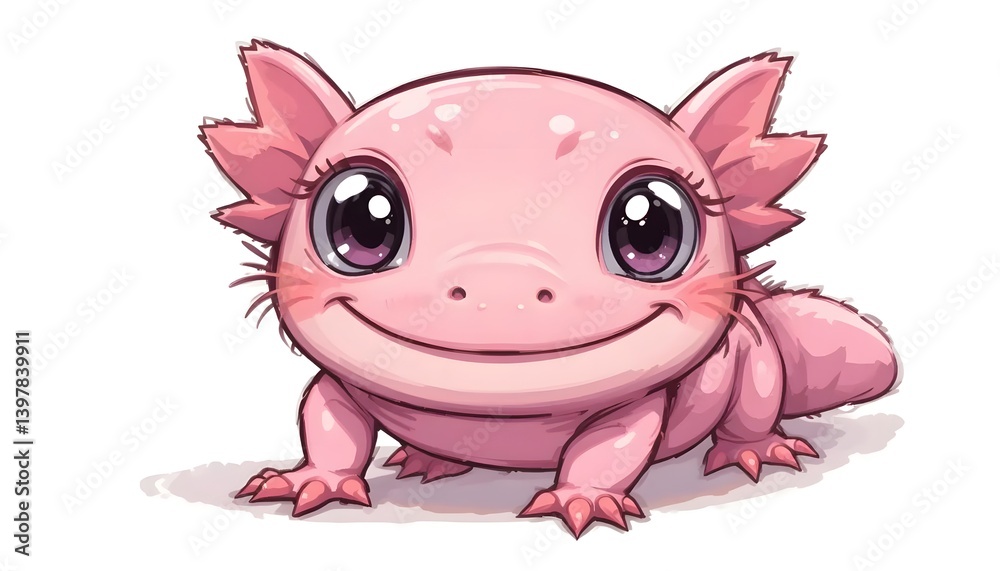 Cartoon Axolotl Smiling Pink Creature with Big Eyes Digital Art Cartoon Axolotl Smiling Pink Creature with Big Eyes Digital Art
