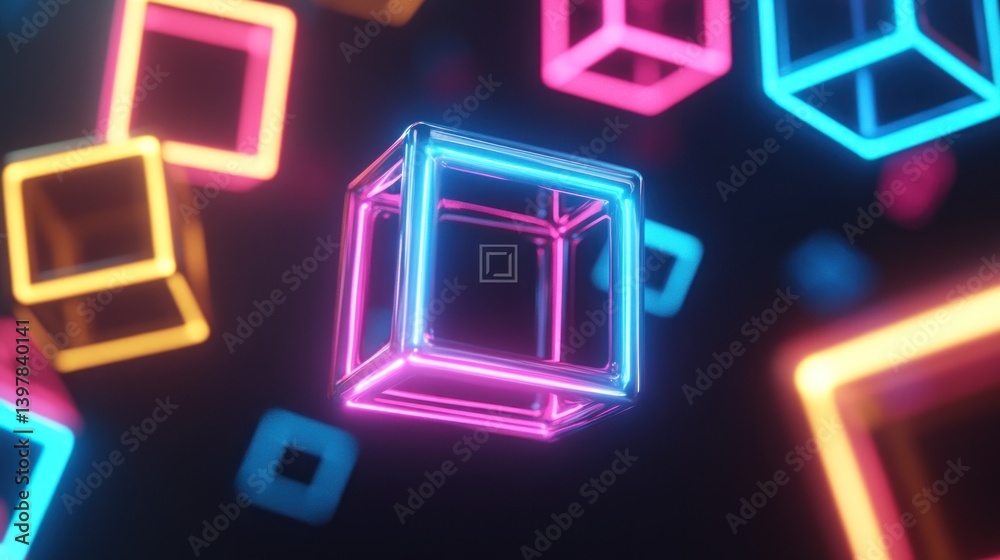 Floating colorful glowing cube shapes against a black background scene Floating colorful glowing cube shapes against a black background scene