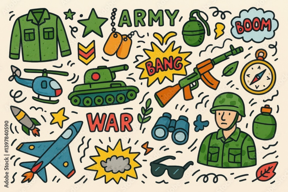 Fototapeta premium Fun Military Doodles for Creative Projects and Designs