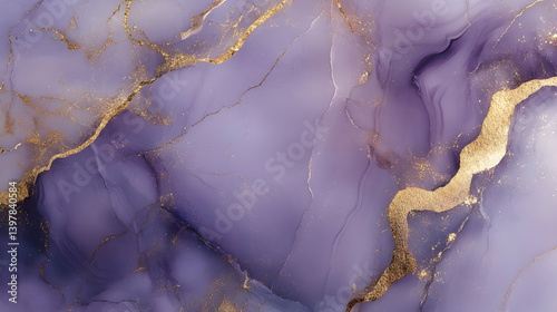 Abstract purple marble texture with shimmering gold splashes, exuding a rich and artistic feel