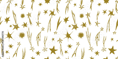 Seamless pattern of different abstract drawn golden comets and stars, vector background, paper, fabric, wallpaper, textile, wrapper